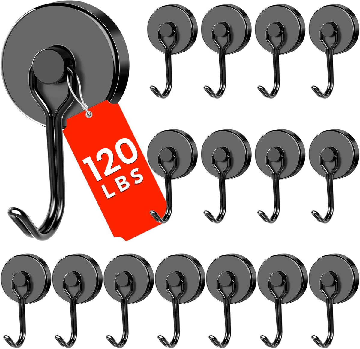 DIYMAG black magnetic hook 120lbs closeup shows powerful hold for heavy items.
