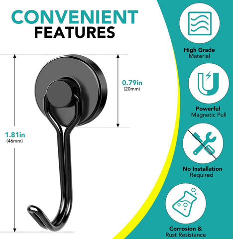 DIYMAG black magnetic hooks 40lbs capacity close-up shows strong horizontal hold.