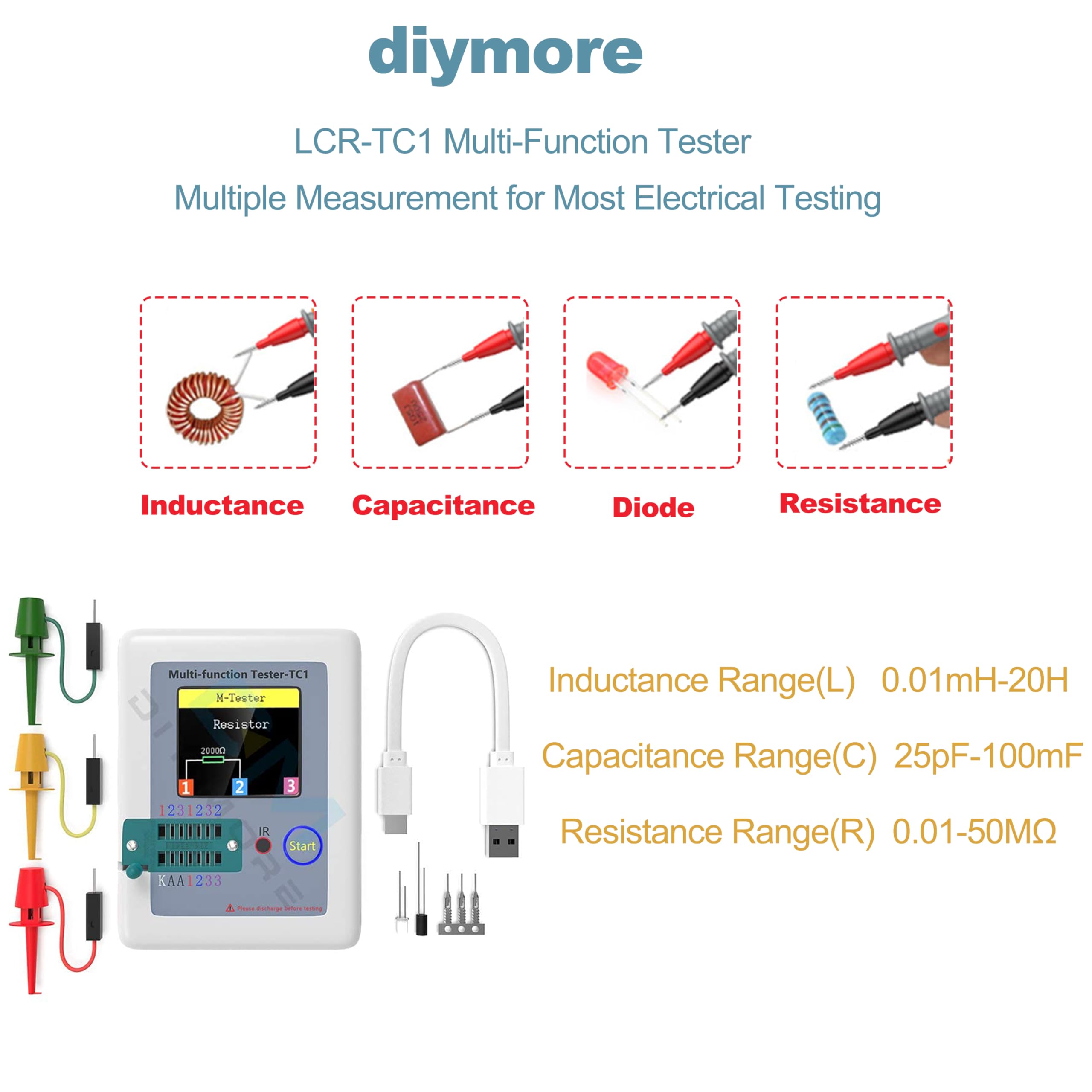 diymore LCR Meter back view shows compact portable design
