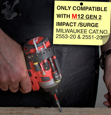 Close-up of DIY Rabbit bit holder on Milwaukee M12 Gen 2 showing magnet layout