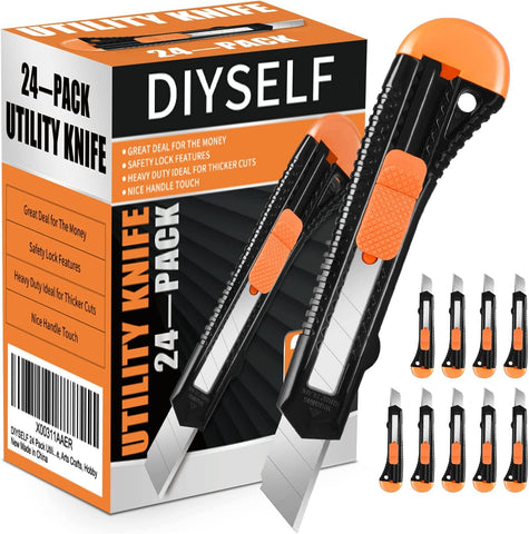 DIYSELF Box Cutter 24-pack displayed for quick, precise cuts in busy workshops