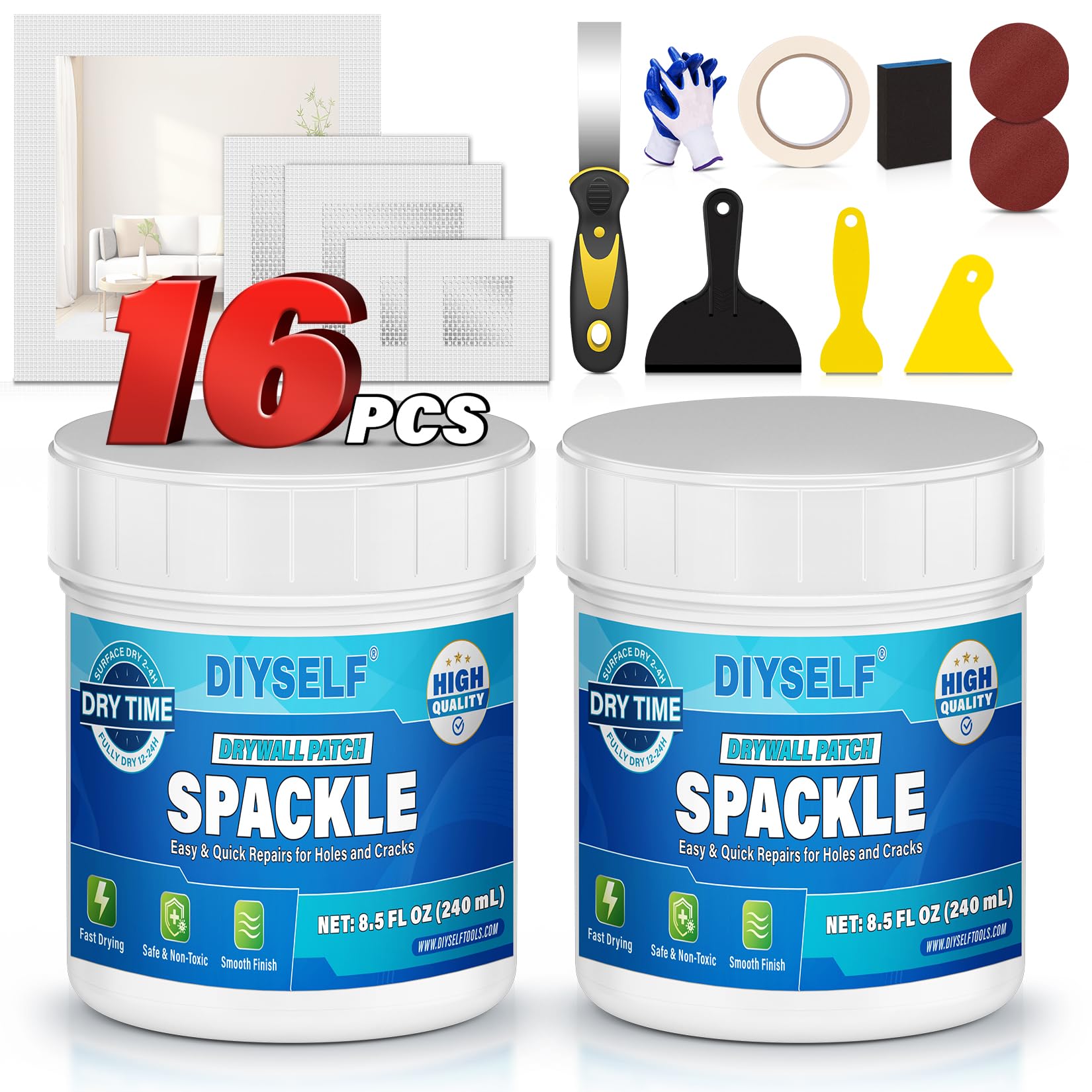 DIYSELF drywall repair kit contents shown for a complete wall fix