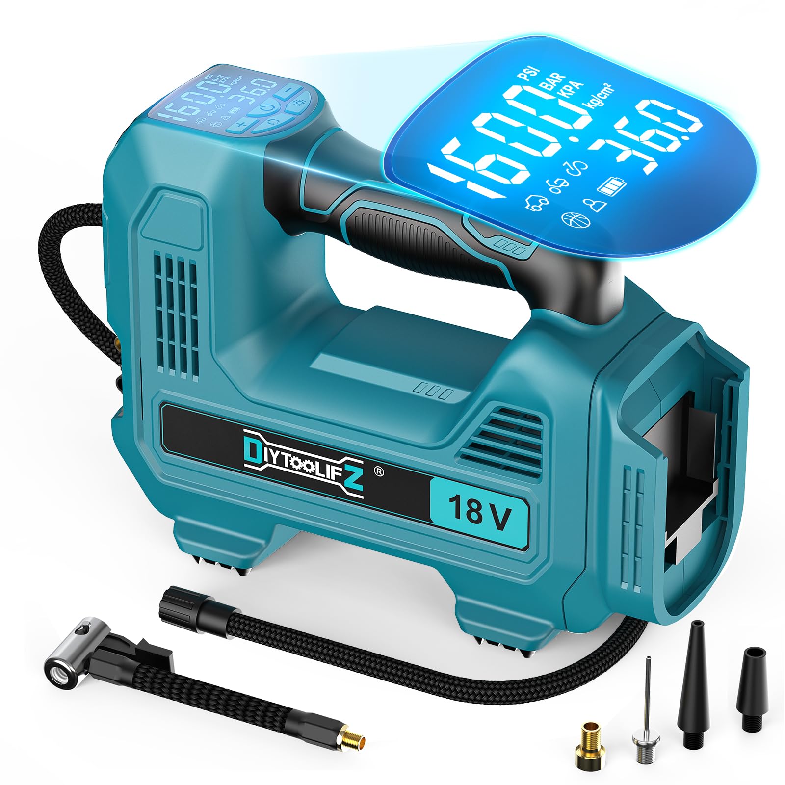 DIYtoolifz 160psi cordless inflator ready with Makita 18V battery for on-the-go use.