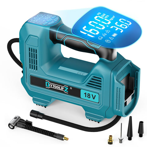 DIYtoolifz 160psi cordless inflator ready with Makita 18V battery for on-the-go use.