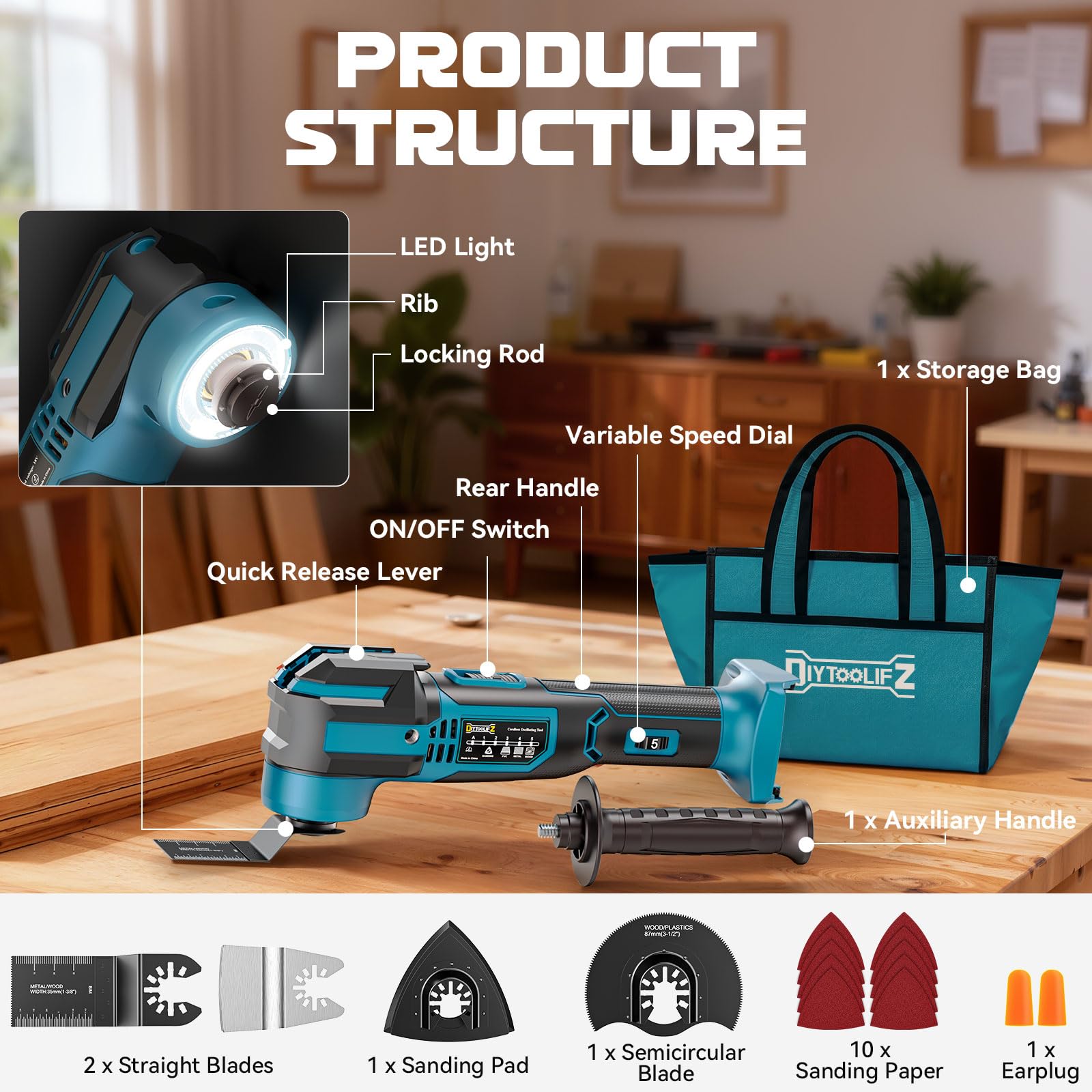 17-piece DIYtoolifz kit includes blades, sanding pads, and storage bag