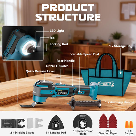 17-piece DIYtoolifz kit includes blades, sanding pads, and storage bag