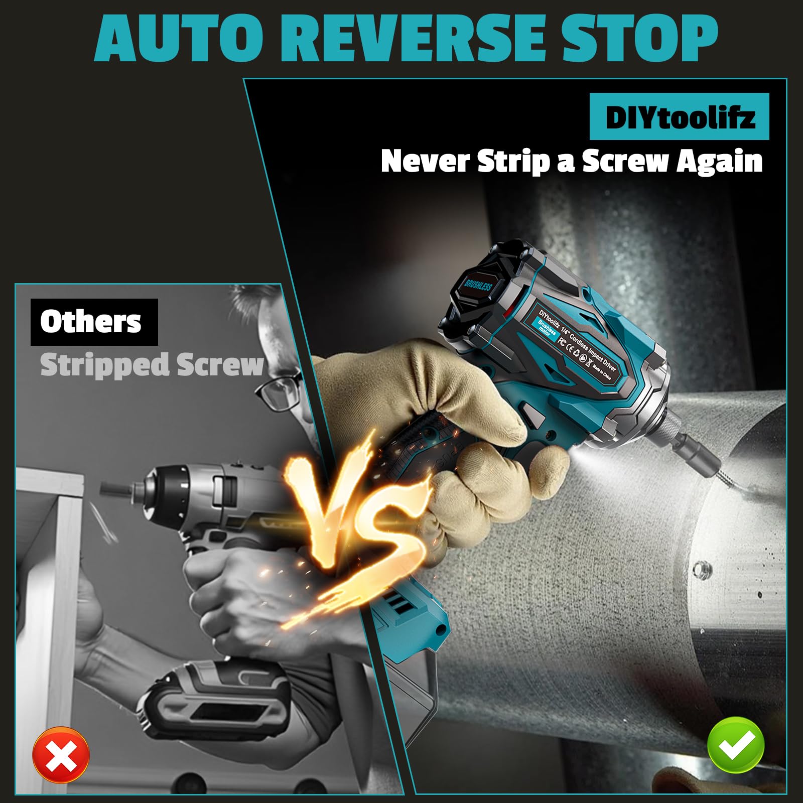 DIYtoolifz auto-stop feature prevents overdriving and material damage.