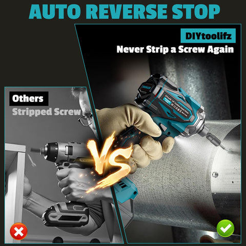 DIYtoolifz auto-stop feature prevents overdriving and material damage.