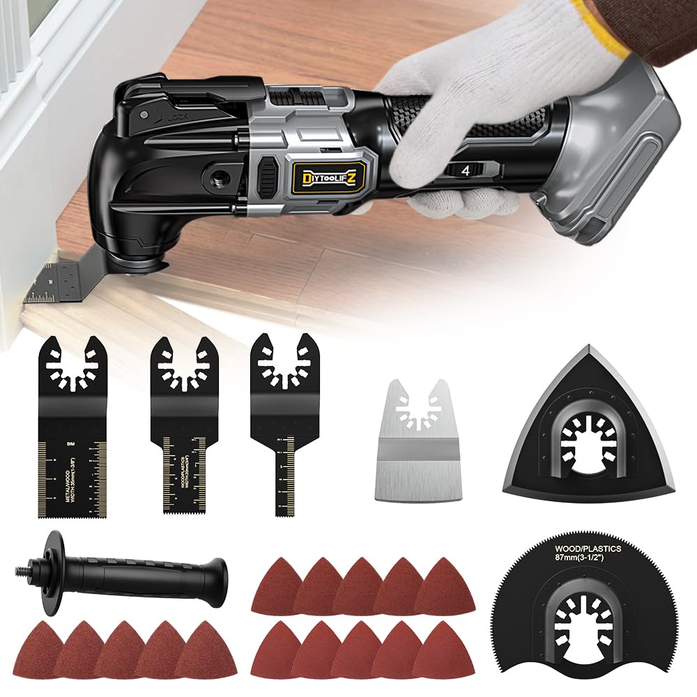 DIYtoolifz cordless oscillating tool front view, compact for tight spaces.
