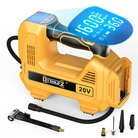 DIYtoolifz cordless tire inflator front view, rapid car tire inflation.