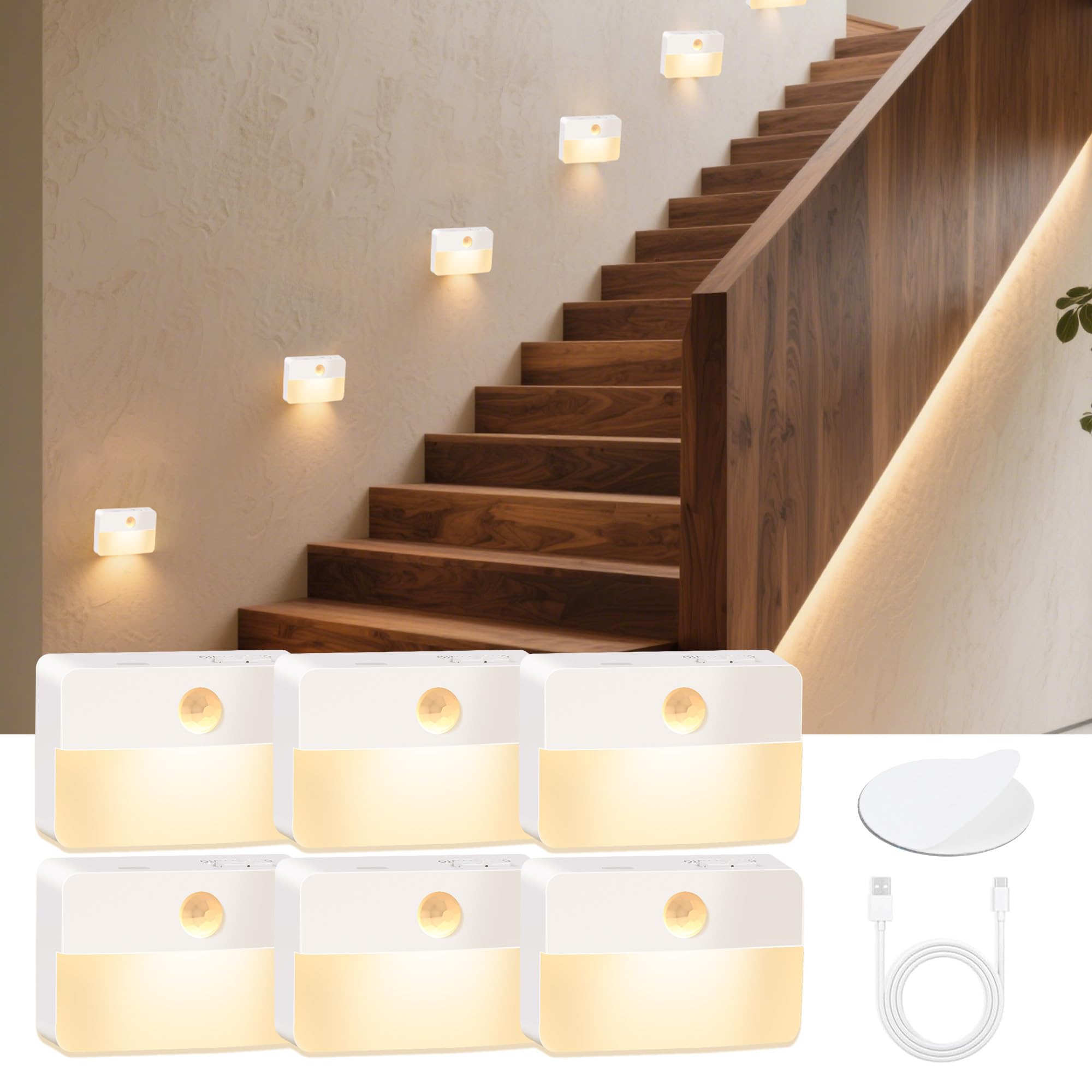 DJBoomy motion-sensor night light pack six illuminating stairs safely at night.