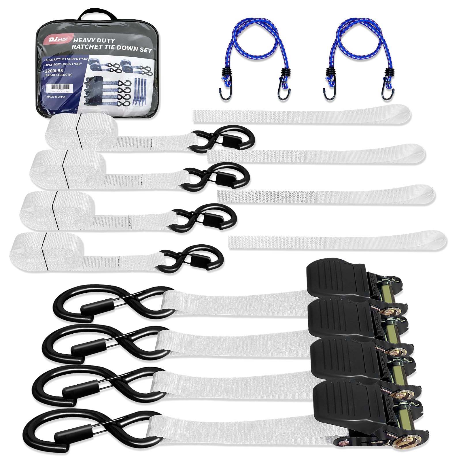 DJDAJIA heavy-duty ratchet strap 1in x 15ft white pack4 secures large loads.