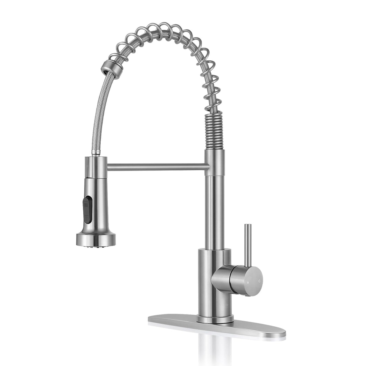 DJS brushed nickel pull-down faucet offers flexible spray control and modern style.