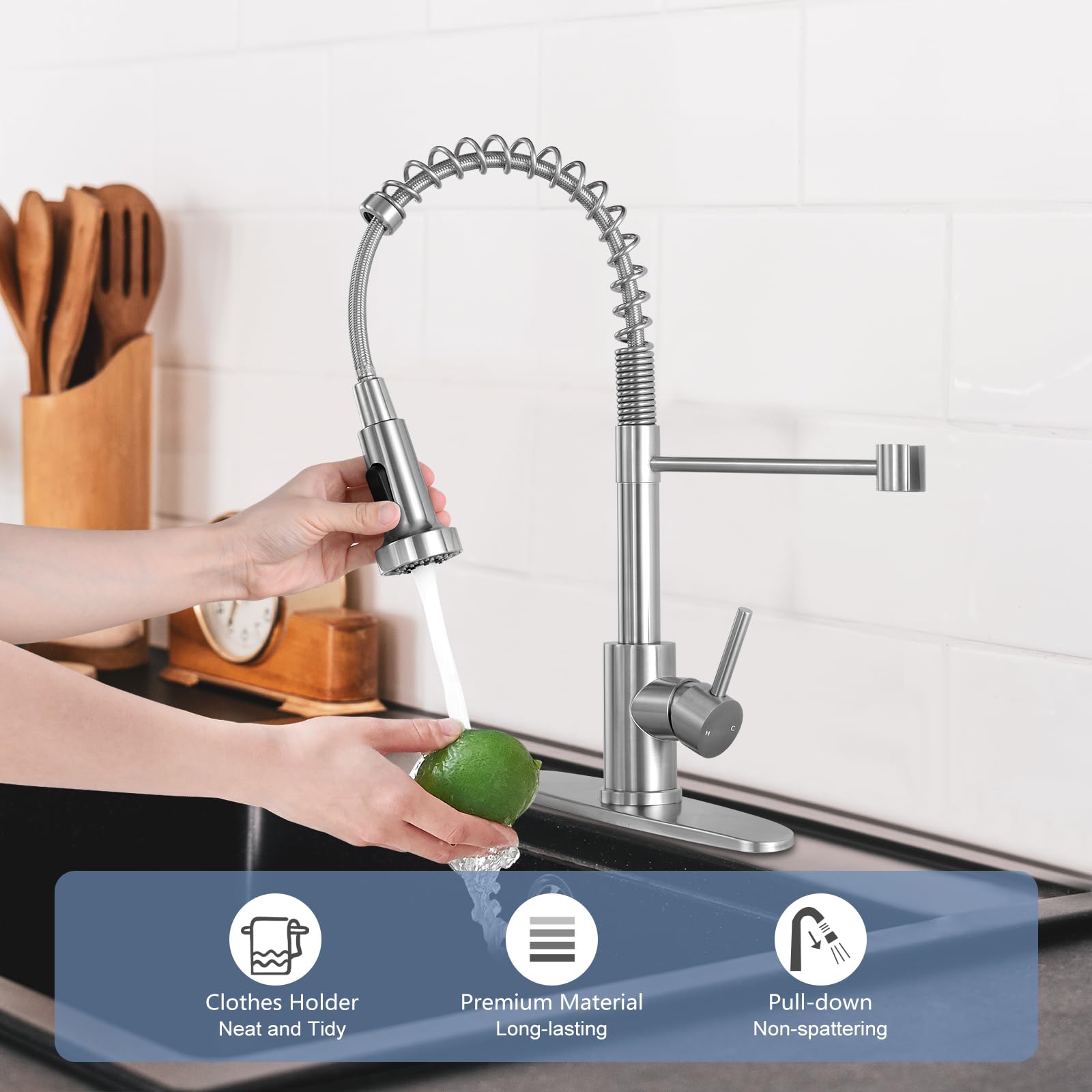 DJS faucet spray head shows aerated stream and powerful spray modes.