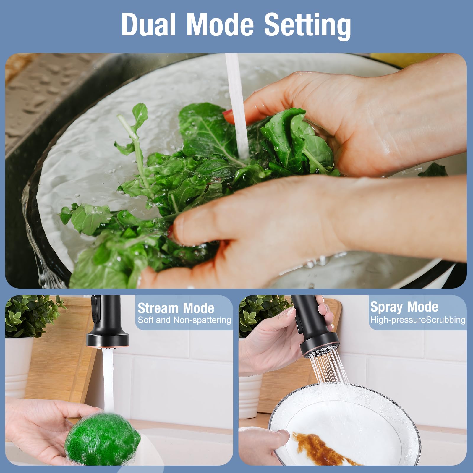 DJS dual spray modes switch between aerated stream and powerful spray.
