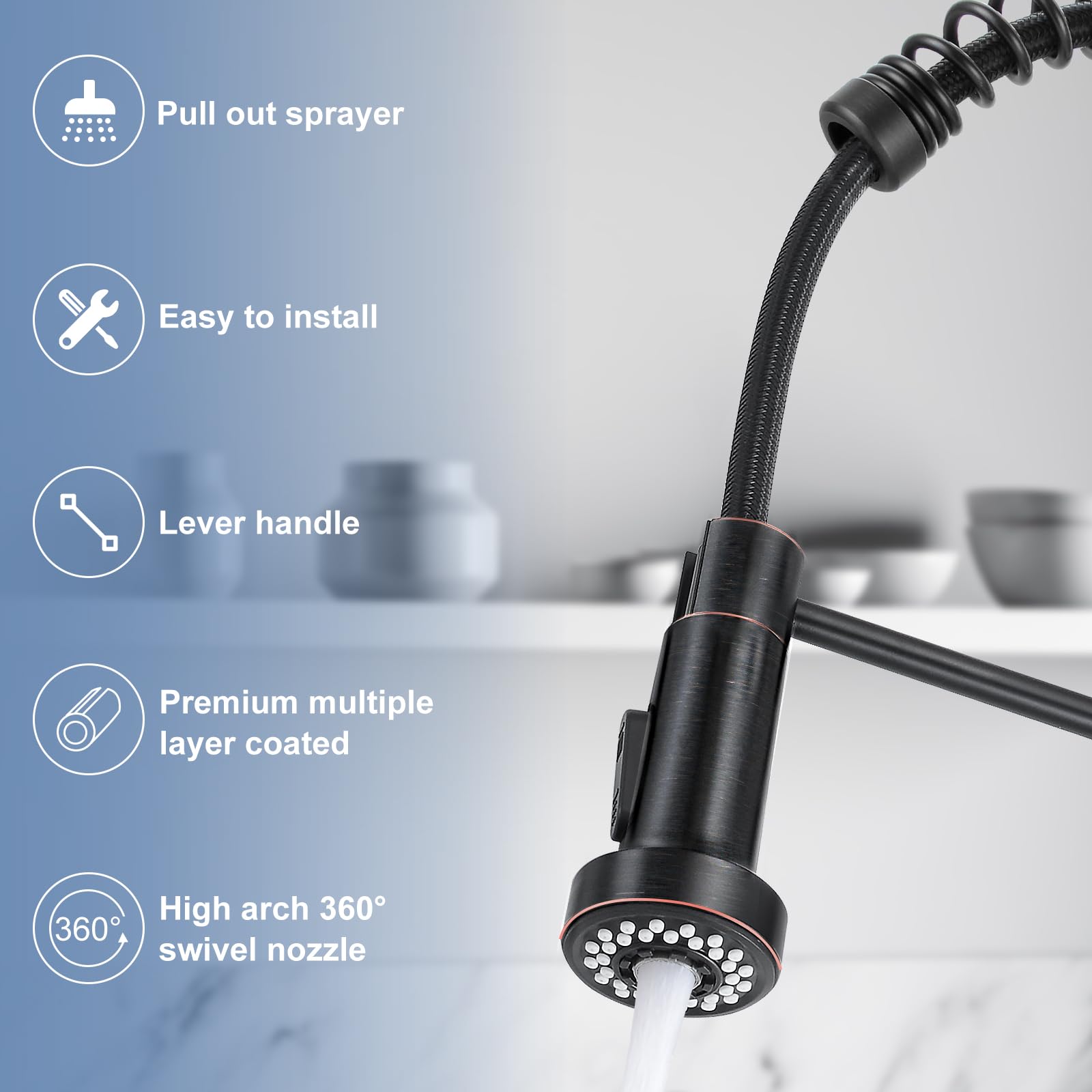 DJS high-arc spout with 360° swivel enables full sink access.
