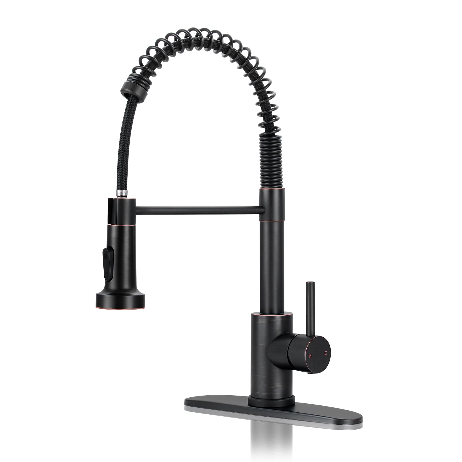 DJS kitchen faucet with pull-down sprayer in oil rubbed bronze for flexible cleaning reach.