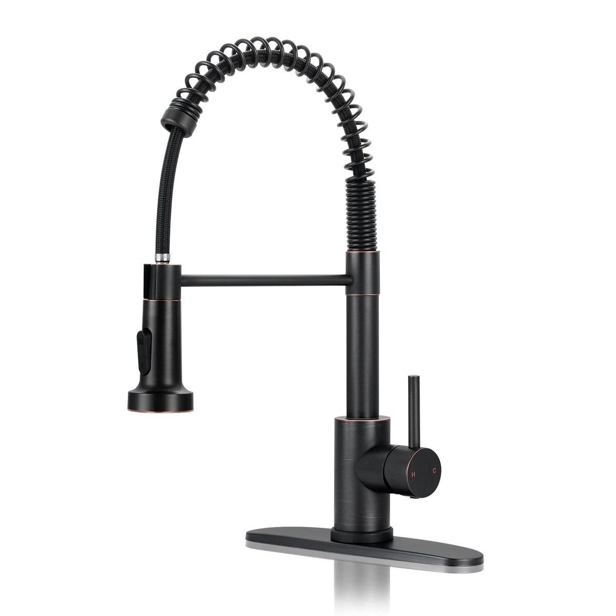 DJS kitchen faucet with pull-down sprayer in oil rubbed bronze for flexible cleaning reach.