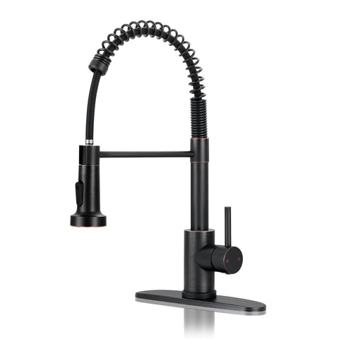 DJS kitchen faucet with pull-down sprayer in oil rubbed bronze for flexible cleaning reach.