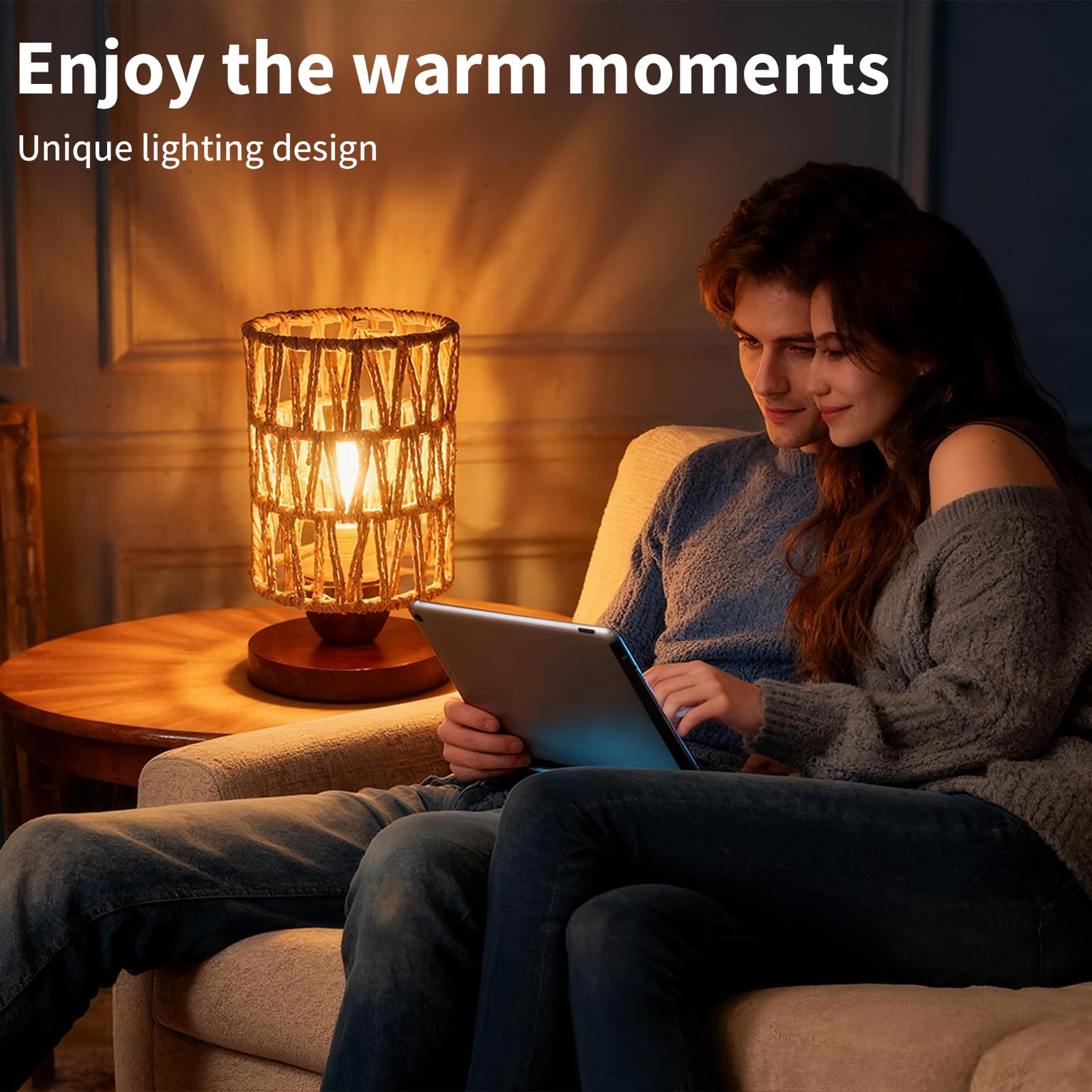 DKCONONY rattan table lamp bedside side view for reading lighting.