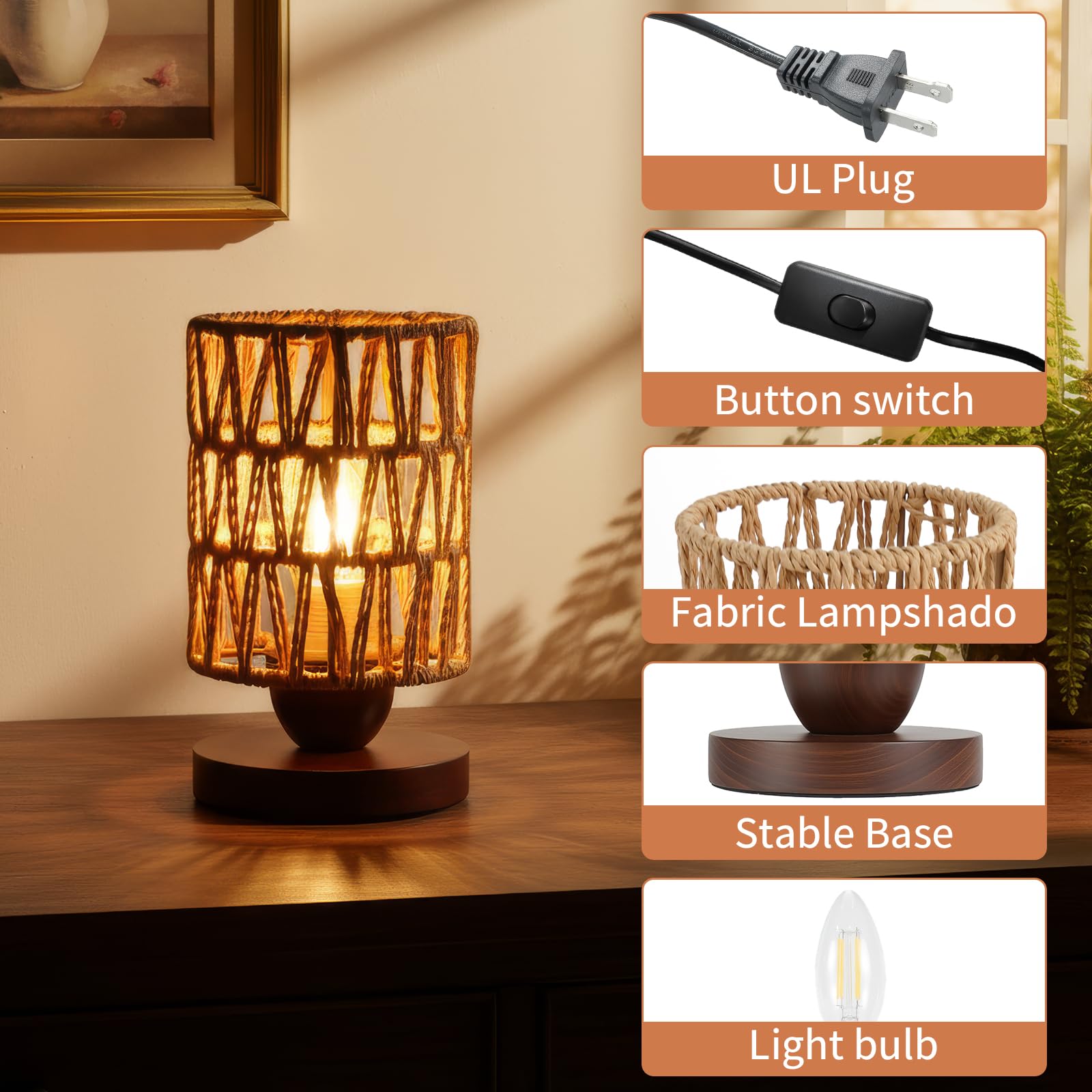 DKCONONY woven rattan lamp in living nook with diffused light for evenings.