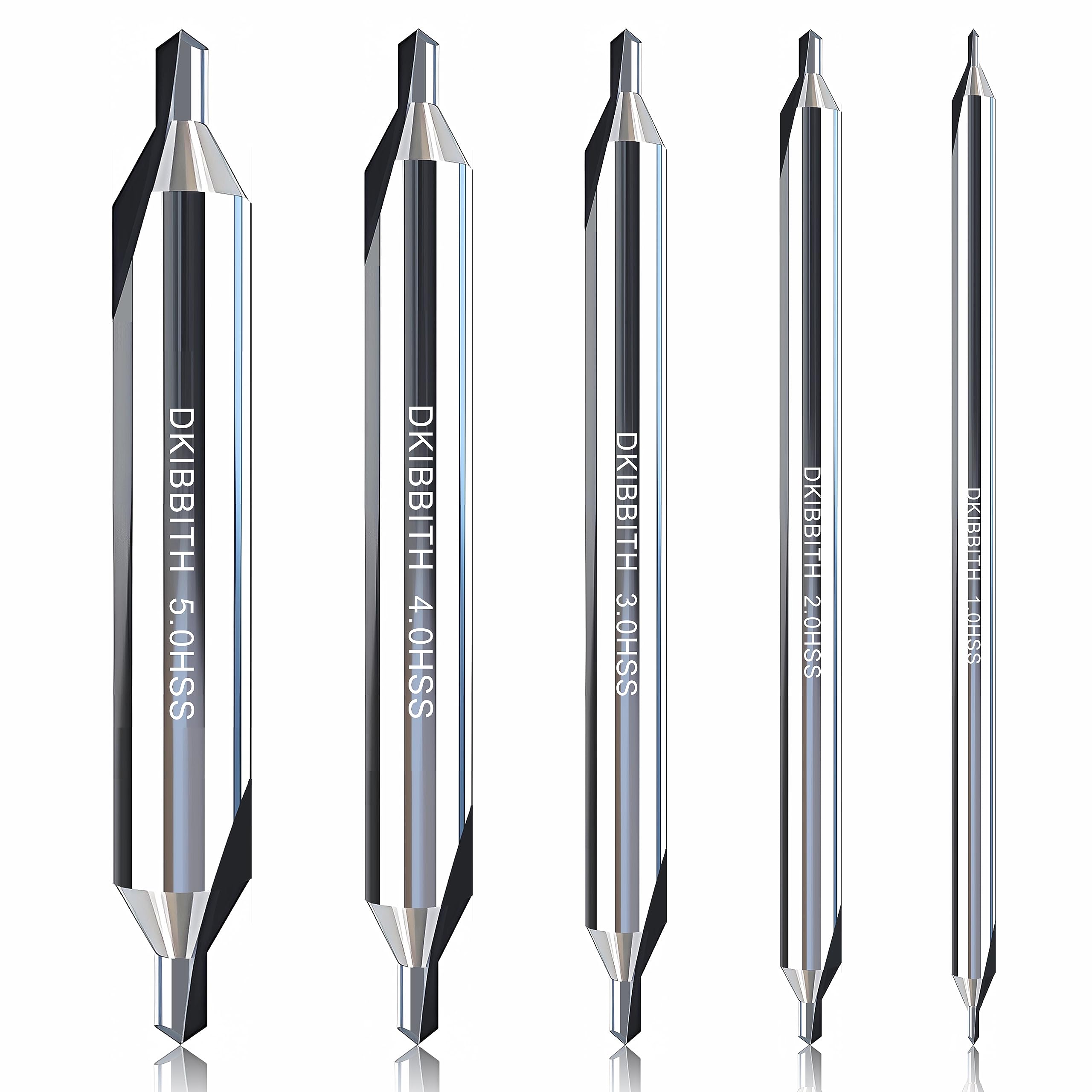DKIBBITH 5pc long center drill bit set shown with four-inch length and size range for metalworking.