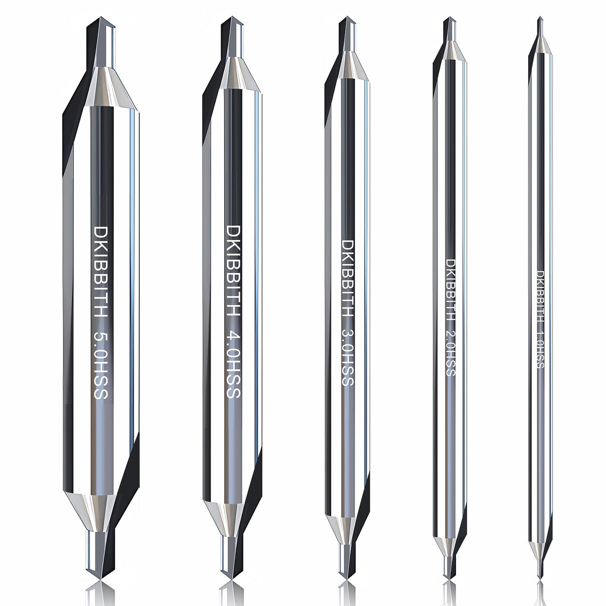 DKIBBITH 5pc long center drill bit set shown with four-inch length and size range for metalworking.