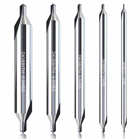 DKIBBITH 5pc long center drill bit set shown with four-inch length and size range for metalworking.