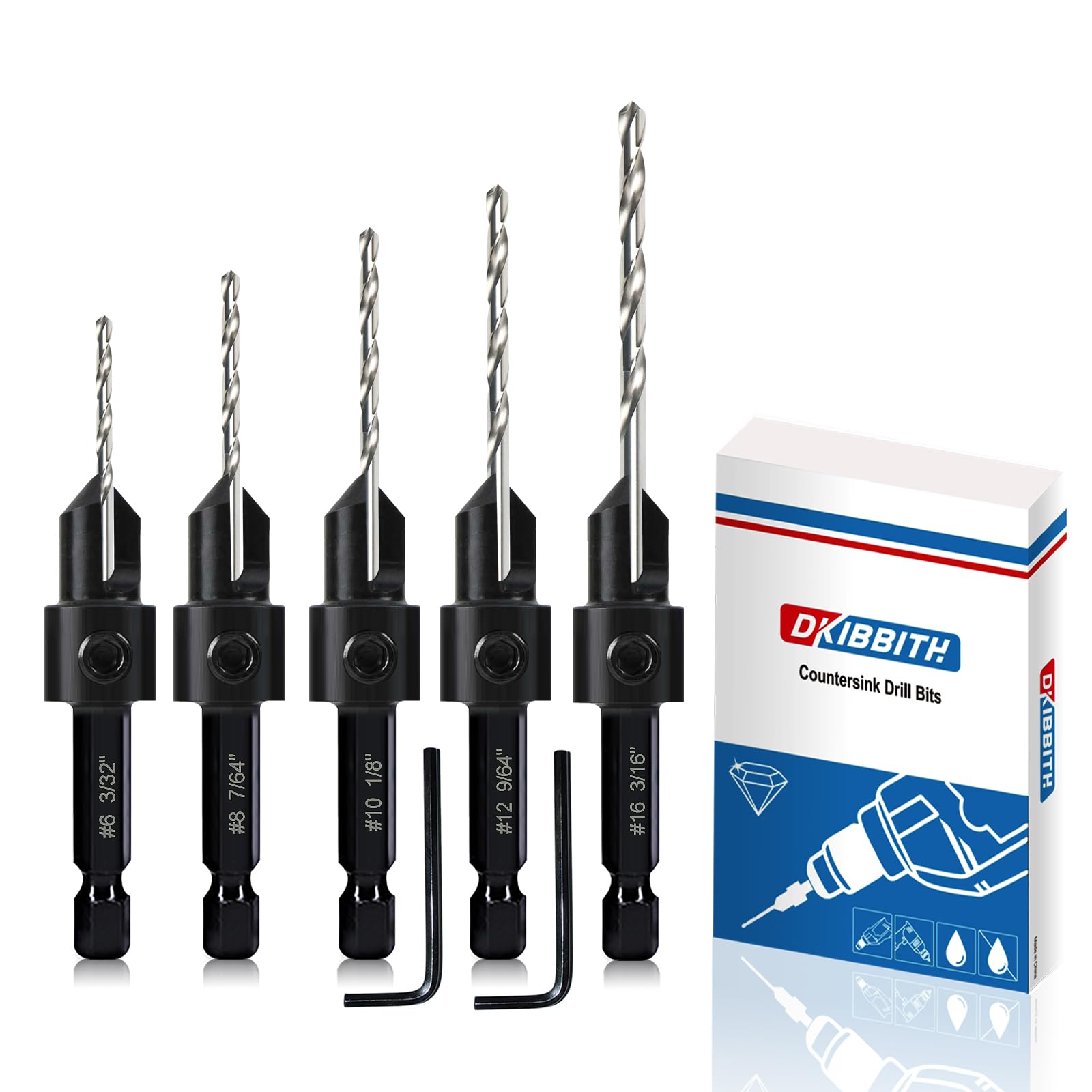 DKIBBITH five-piece countersink set for woodworking enables precise flush screw heads