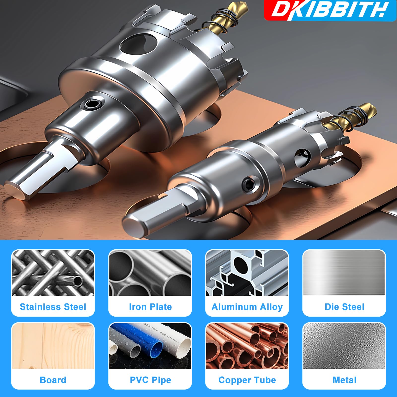 DKIBBITH TCT hole saw set with carbide teeth for fast metal cutting.