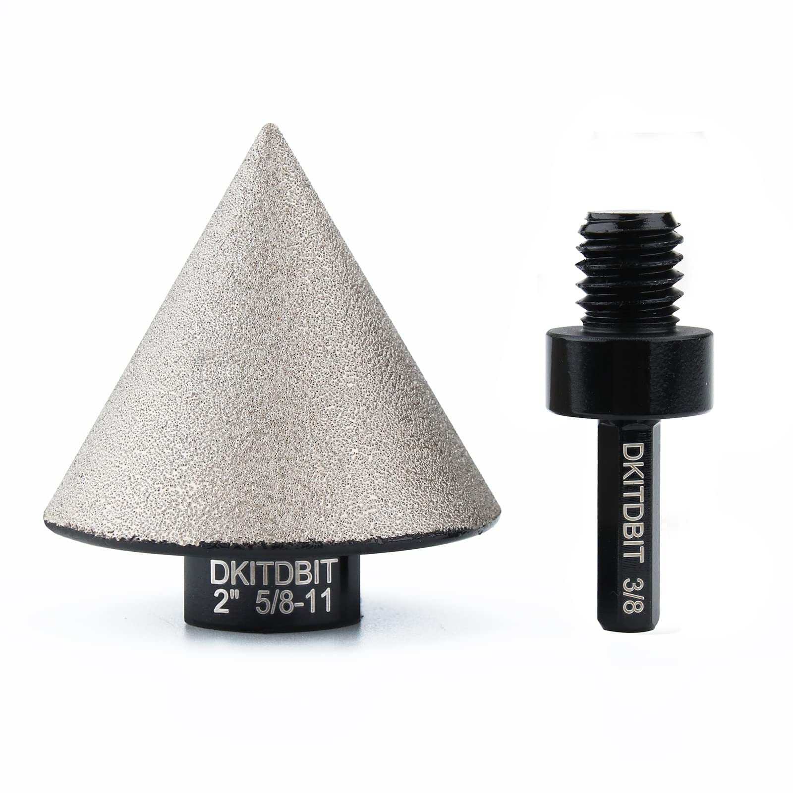 DKITDBIT diamond beveling bit in use on an angle grinder for tile bevels.