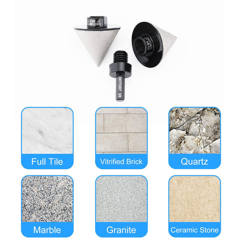 DKITDBIT diamond beveling bit creates porcelain tile edge bevel.