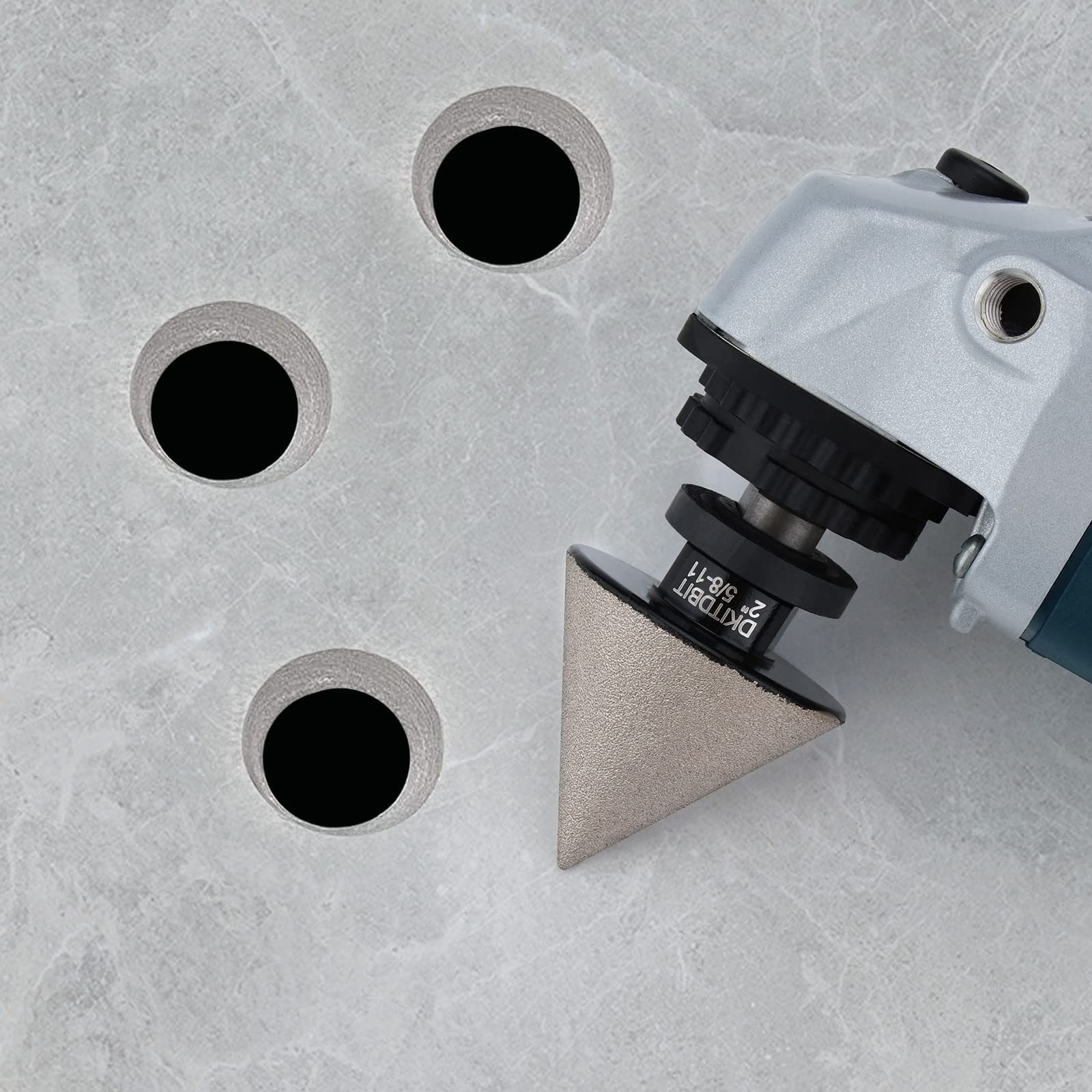 DKITDBIT beveling bit enlarges ceramic tile holes with clean edge.