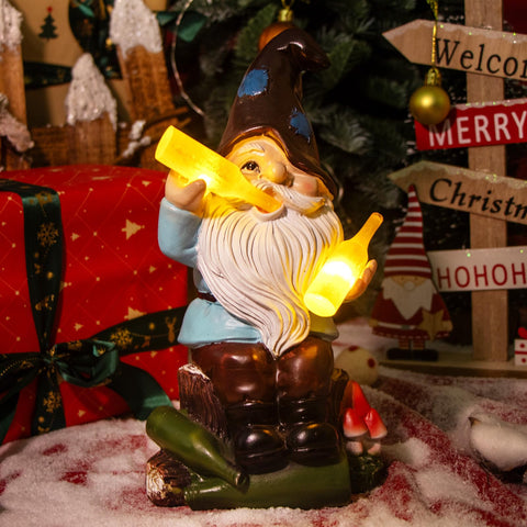 Mushroom accents on DKJOCKY gnome garden statue enhance fairy-tale charm