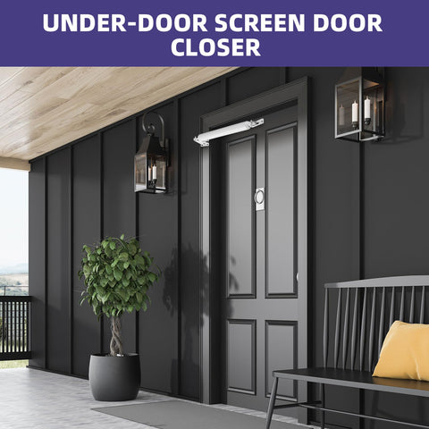 Dluno black-finish storm door closer resists weathering.