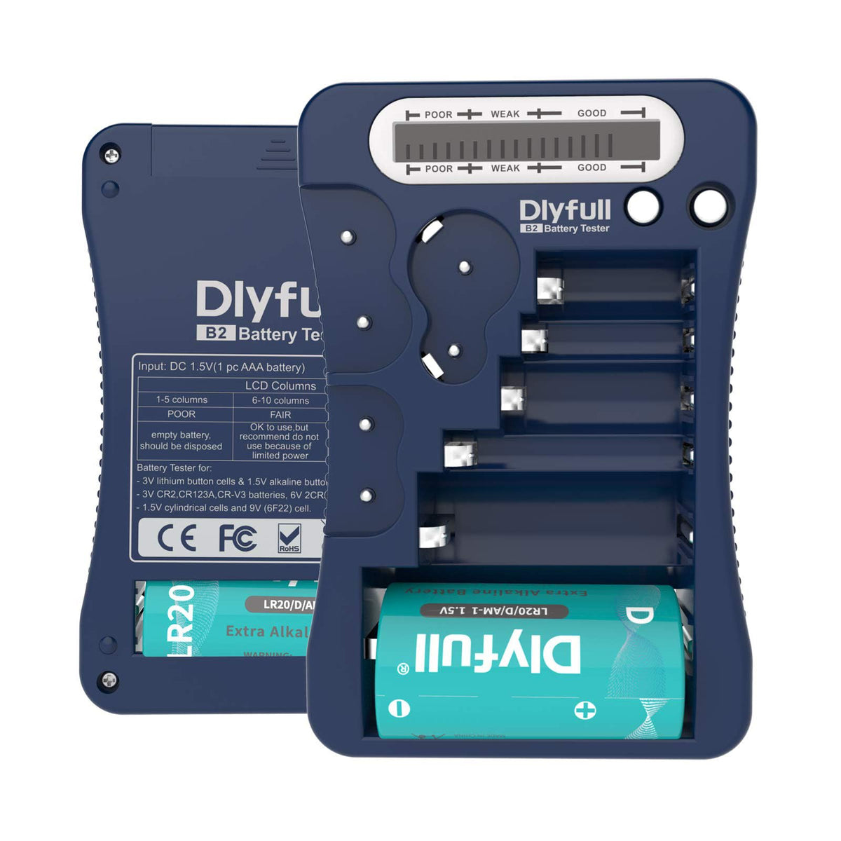 DLYFULL battery tester front view for on-the-go checks.