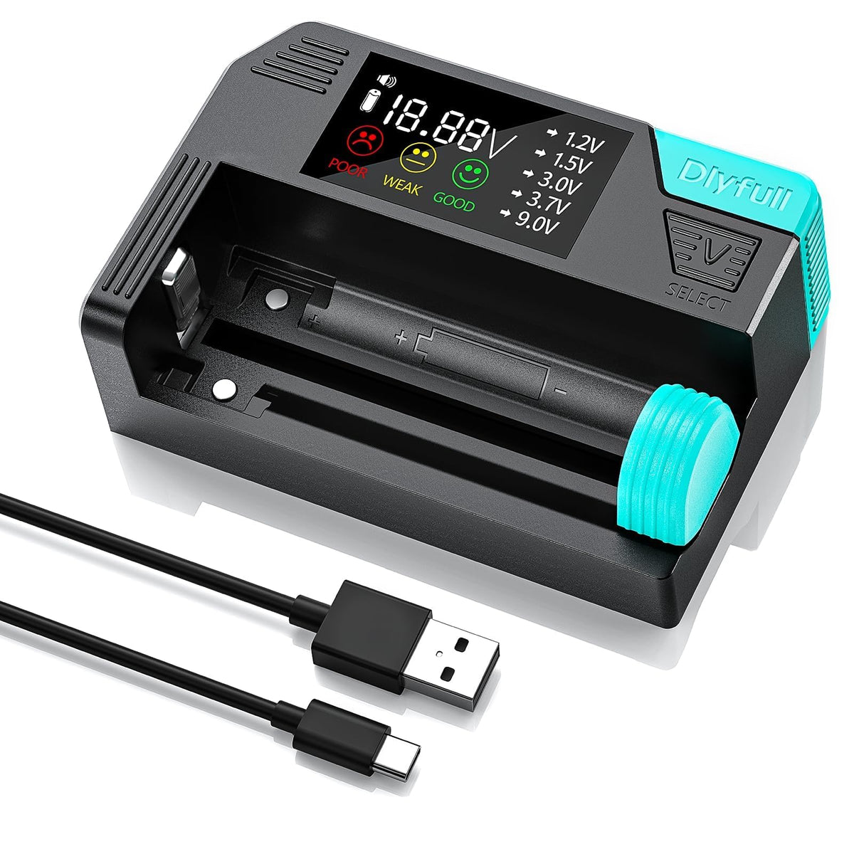 DLYFULL battery tester front view with a clear LCD readout for quick checks.