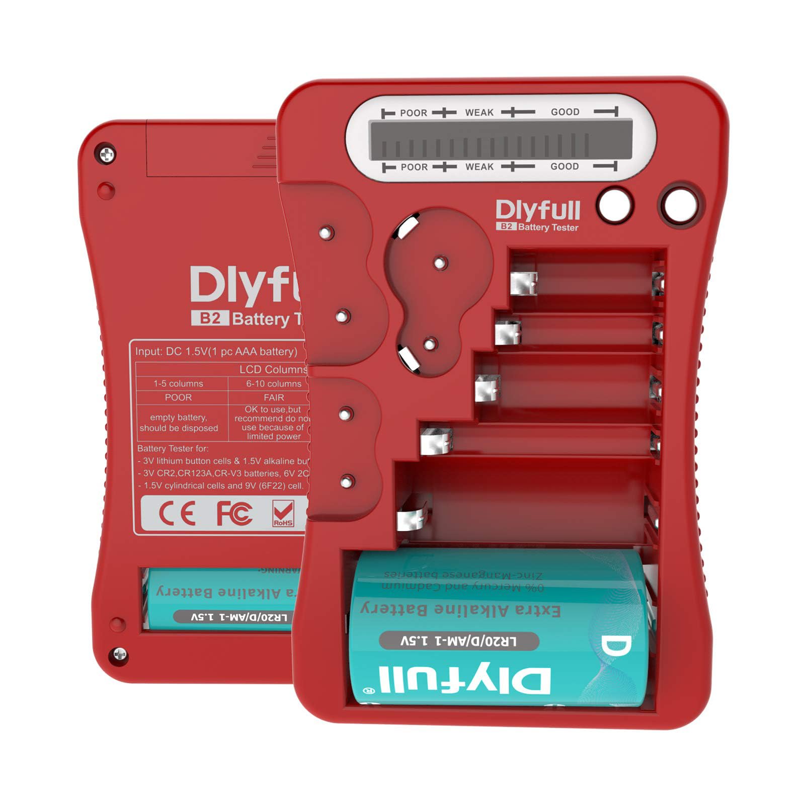 DLYFULL Battery Tester front view with compact design for quick checks.