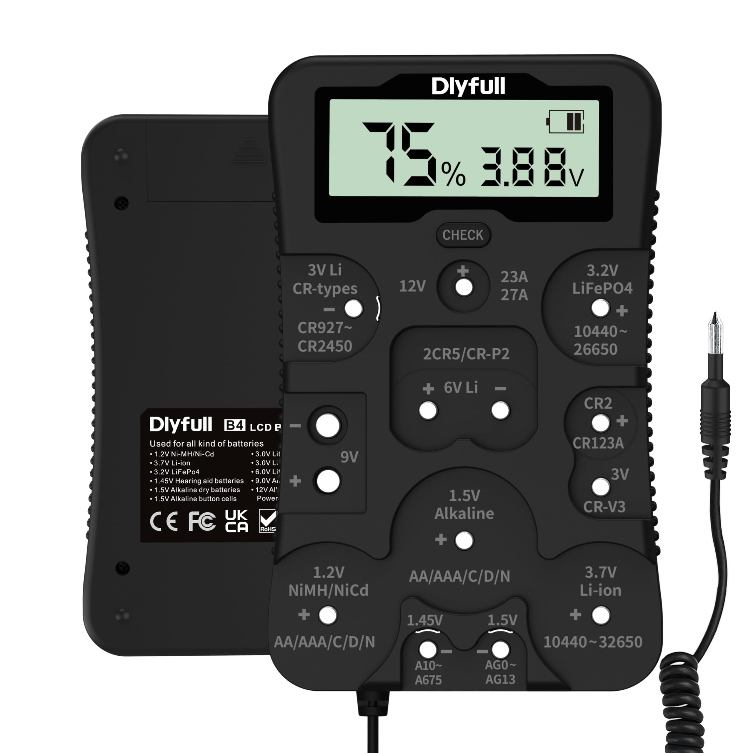 DLYFULL battery tester LCD display reads voltage and life status clearly.