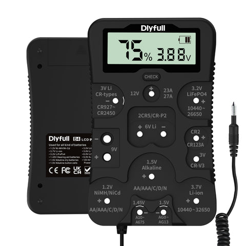 DLYFULL battery tester LCD display reads voltage and life status clearly.