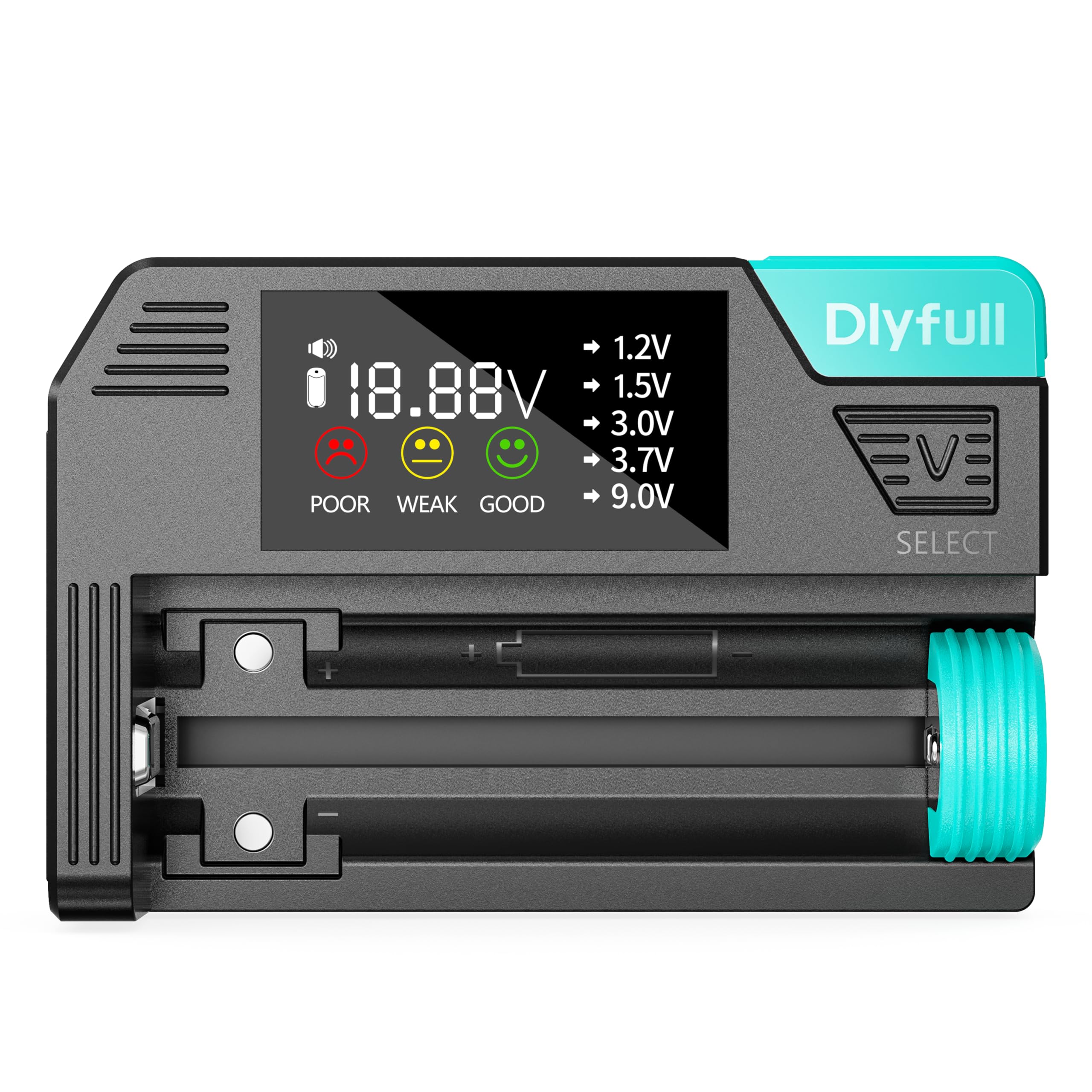 DLYPOW Universal Battery Tester front view for quick, all-in-one home battery checks