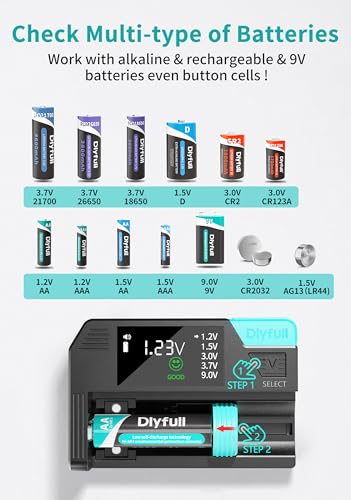 DLYPOW Universal Battery Tester LCD display shows voltage and status at a glance