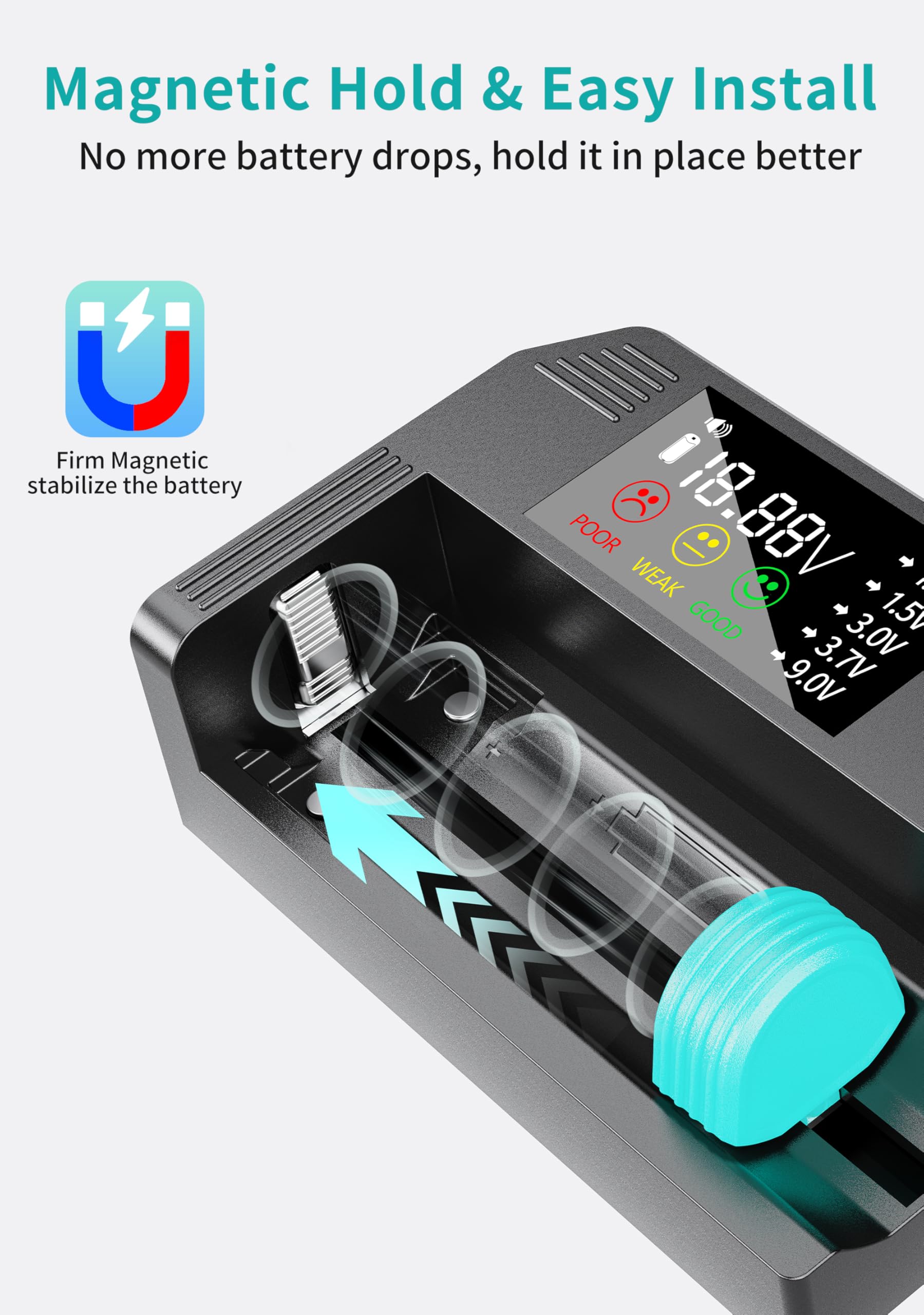 DLYPOW battery tester with magnetic buckle holds battery for stable readings