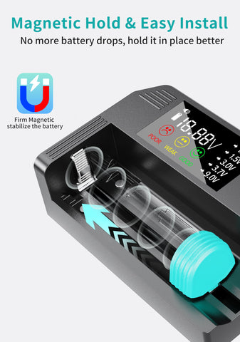 DLYPOW battery tester with magnetic buckle holds battery for stable readings