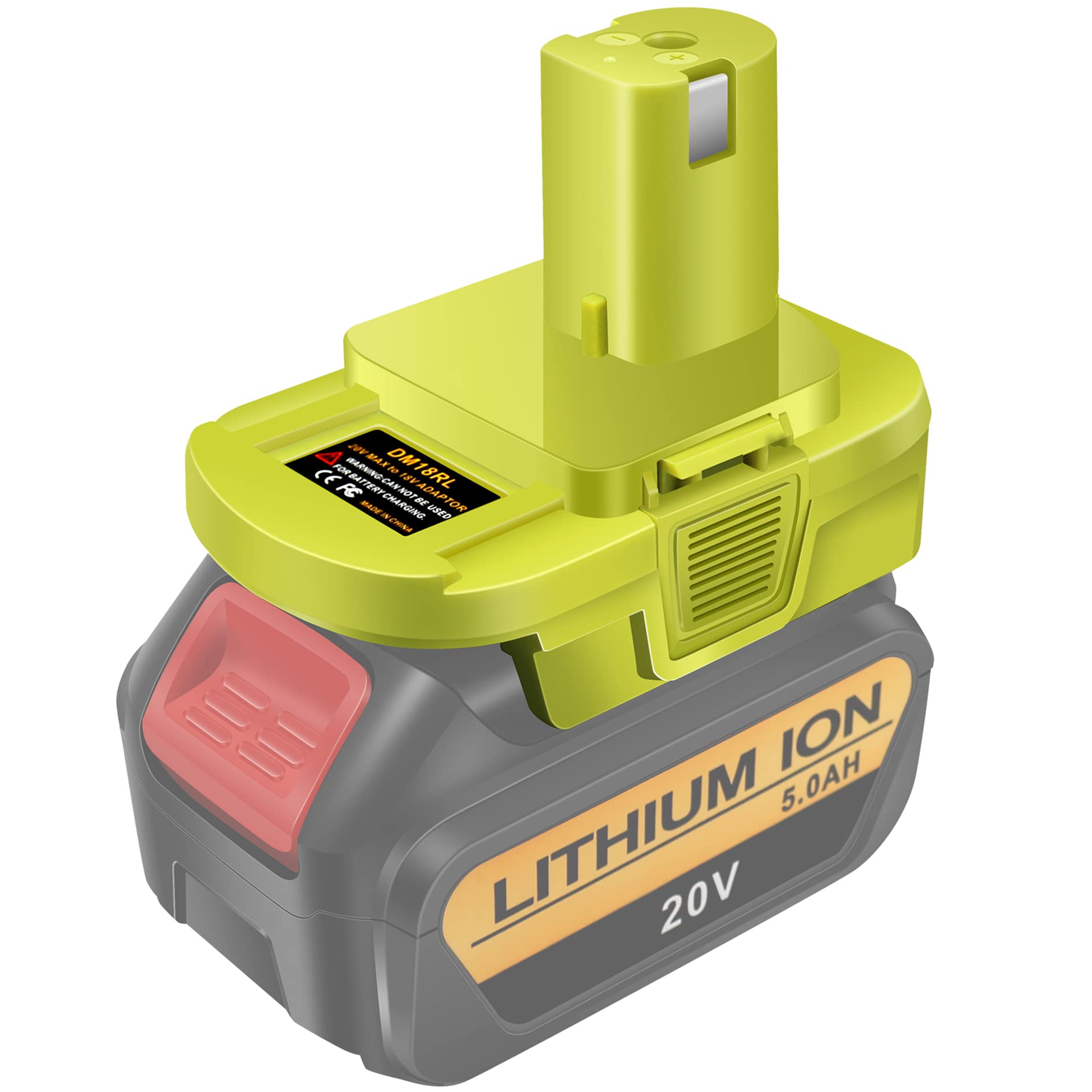 Generic DM18RL adapter front view; Dewalt to Ryobi compatibility for extended runtime.