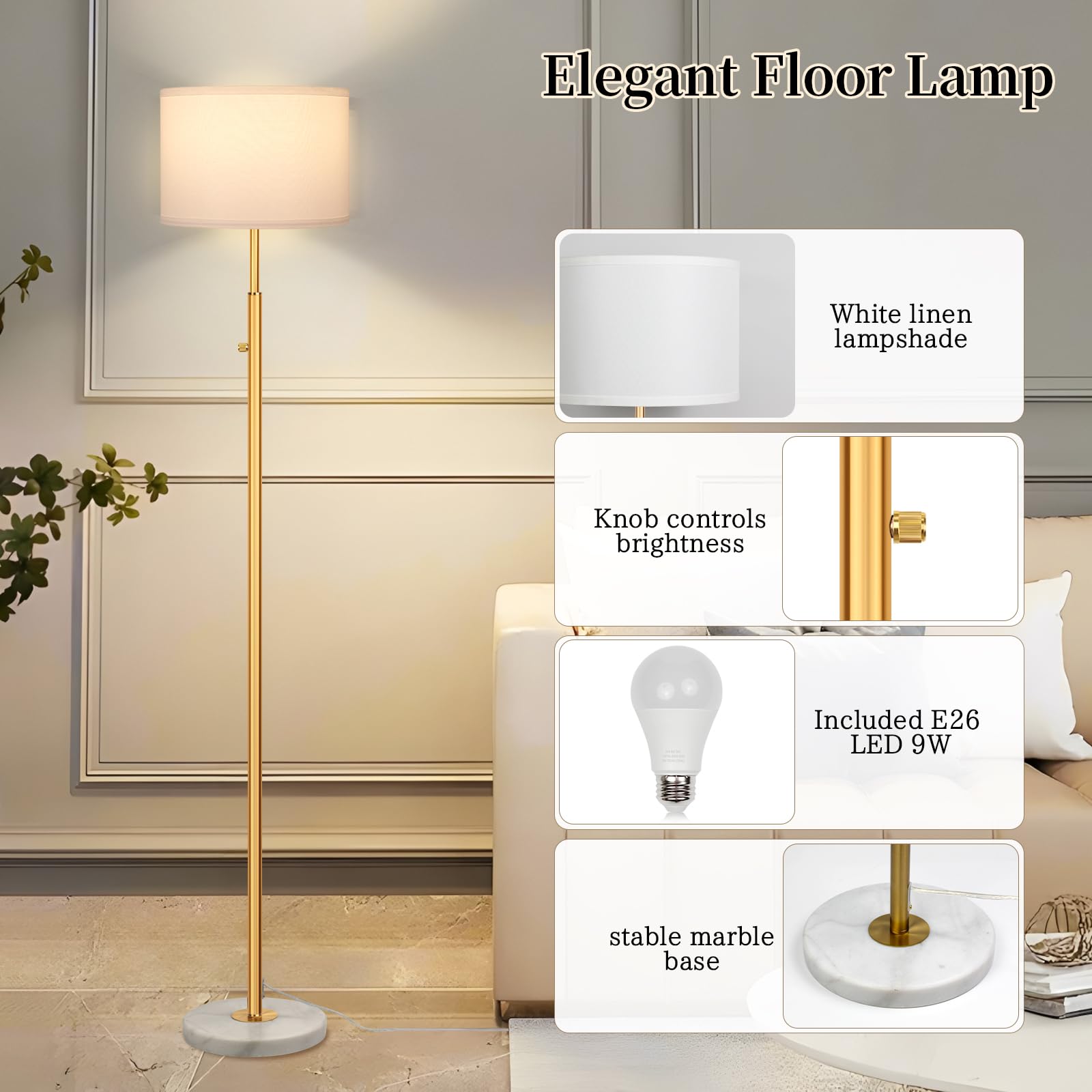 DMBOSS lamp with gold pole elevates style while maintaining a slim silhouette.