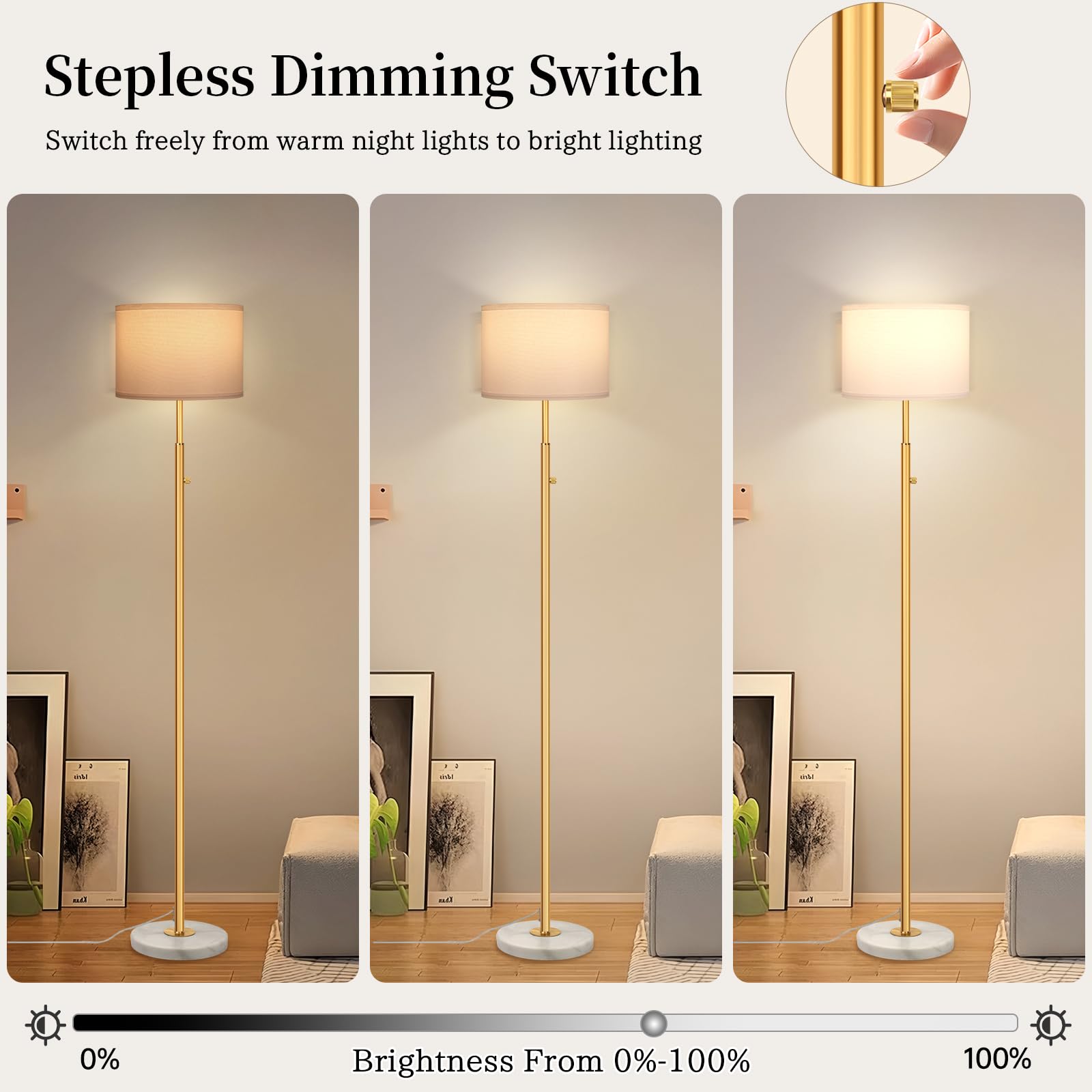 DMBOSS floor lamp with linen shade provides soft, cozy ambience for reading corners.