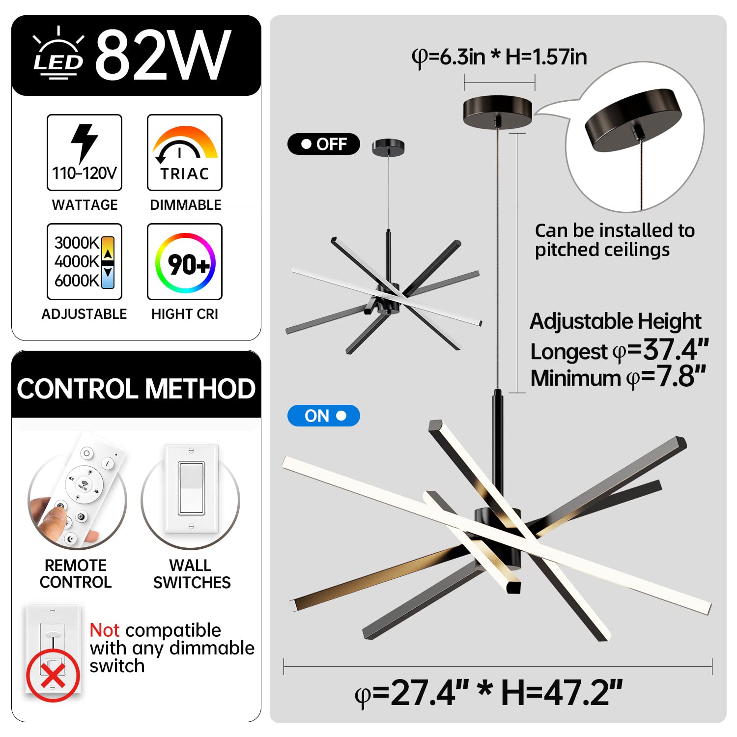 Dniwmdd LED black pendant with remote control for easy dimming.
