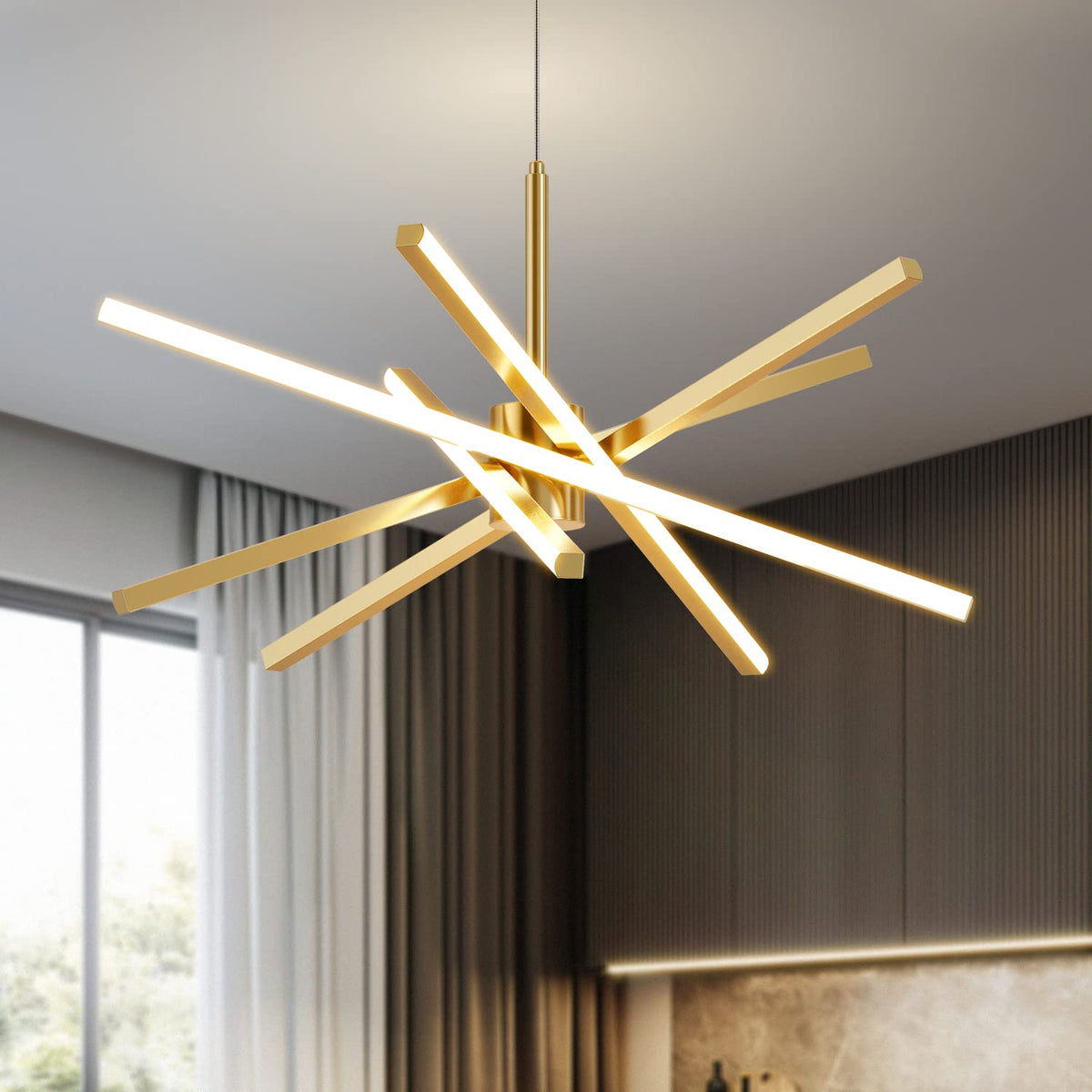 Dniwmdd modern sputnik chandelier in gold; close-up of staggered acrylic shades for elegant ambiance