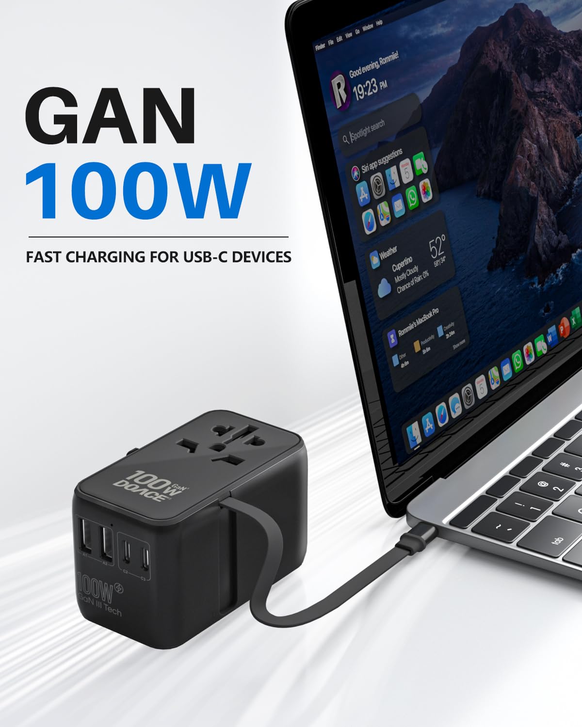 Global compatibility showing EU/UK/AU/US plug types for international use